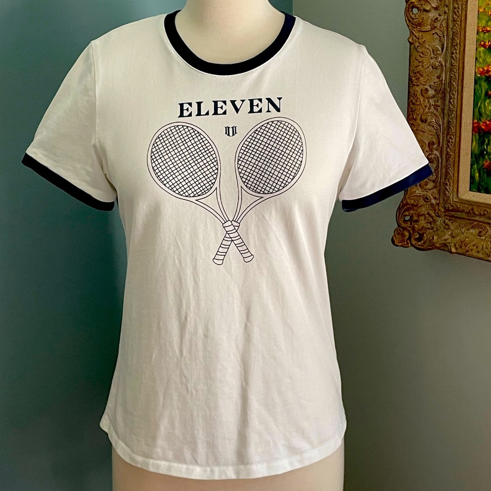 EleVen by Venus Williams Pima white cotton T with navy trim, size M